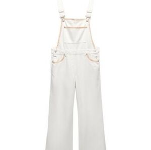 Zara White Denim Jumpsuit with Tan Stitching